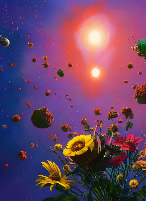 Image similar to An epic fantastic realism comic book style painting of the most beautiful flowers launched into space, bouquets, solar eclipse, fisheye, unreal 5, DAZ, hyperrealistic, octane render, dynamic lighting