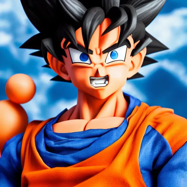 Image similar to portrait of goku smiling. 3 d render, artstation, artgerm, hyper detailed, bokeh, shinkiro toshiaki mori