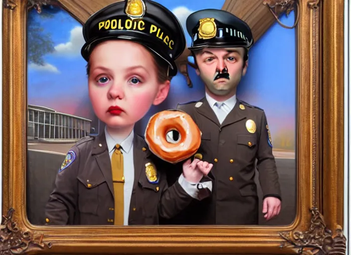 Prompt: a donut dressing a police officer costume, lowbrow, matte painting, 3 - d highly detailed, in the style of mark ryden,