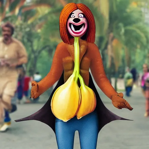 Image similar to an anthromorphoic banana character that has the face of emma stone