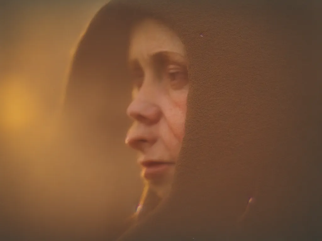 Image similar to close up portrait bust of woman, solemn expression, faded color film, russian cinema, tarkovsky, kodachrome, heavy forest, wood cabin in distance, shallow depth of field, long brown hair, old clothing, heavy fog, atmospheric haze, brown color palette, sunset, low light, hudson river school, 4 k, dramatic lighting