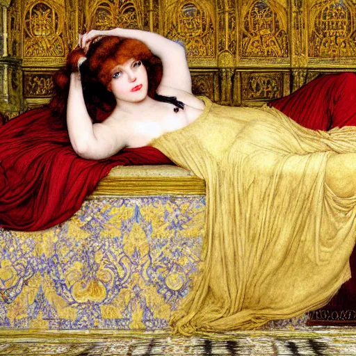 Image similar to preraphaelite photography reclining on bed, a hybrid of judy garland and a hybrid of lady gaga and eleanor of aquitaine, aged 2 5, big brown fringe, yellow ochre ornate medieval dress, john william waterhouse, kilian eng, rosetti, john everett millais, william holman hunt, william morris, 4 k