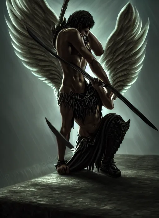 Image similar to fantasy art, fallen man angel kneeling on the knees with a sword and shield, close-up, bokeh. dark art masterpiece artstation. 8k, sharp high quality illustration in style of Jose Daniel Cabrera Pena and Leonid Kozienko, Tooth Wu, studio lighting. angel with big wings