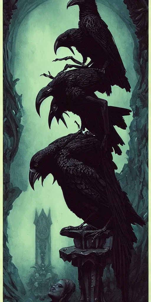 Image similar to raven perched on a bust of beautiful woman in a dark gothic room gothic, full frame, by wayne barlowe, peter mohrbacher, kelly mckernan, james o barr