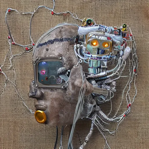 Image similar to a detailed portrait of a vagabond robot in dessert rags, 4 k, photorealism, silver metal robot, exposed wires, circuitry, extremely detailed
