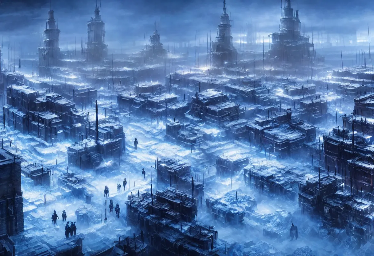 Prompt: frostpunk style concept art of frozen city with industrial machines, matte painting, beautiful render, octane render, concept art