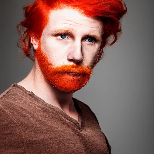 Image similar to a color photo portrait of a man with red hair in the style of richard avedon, 7 5 mm lens, studio lighting.