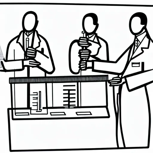 Image similar to pencil illustration of a group of scientists creating a machine that will transform the future. highly detailed, schematics, line work, laboratory