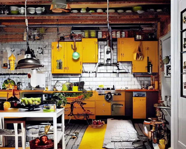 Prompt: IKEA catalogue photo of a cyberpunk farmhouse kitchen, by Alex Grey