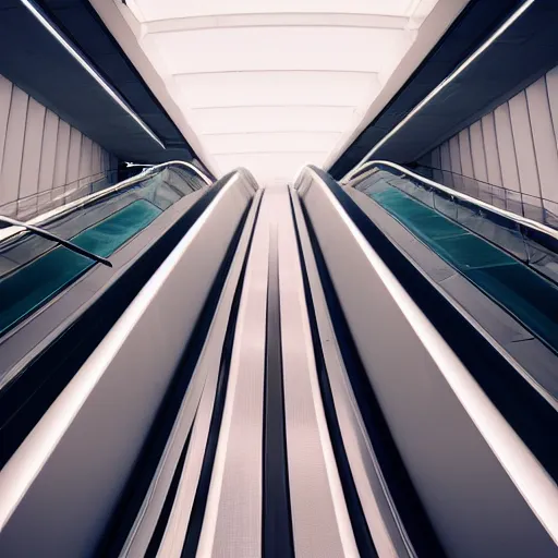 Image similar to approaching futuristic escalator inside white backlit tube with streaming beams of light, scintillating, movement, in the style of james turrell, 8 k, highly detailed, professional photograph, epic composition, modern details