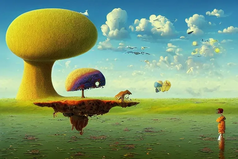 Image similar to surreal glimpse into other universe, floating island in the sky, sky, sea, wind, happy giraffe, summer morning, very coherent and colorful high contrast, art by!!!! gediminas pranckevicius!!!!, geof darrow, dark shadows, hard lighting