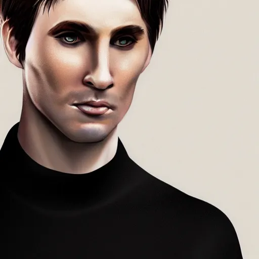 Image similar to guy with brown hair looking back, narrow chin, thin face in a white shirt, black turtleneck, digital art, 8 k, character, realism, portrait