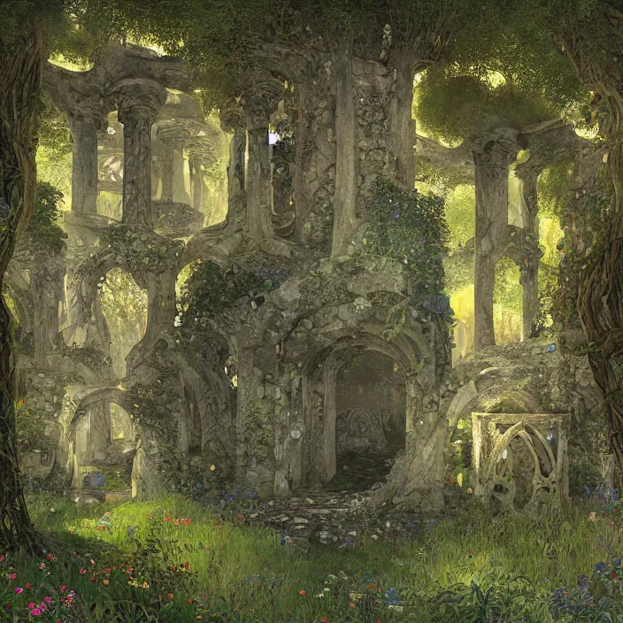 Image similar to ancient overgrown! ruins, medieval gates, runestones, mysetrious etherial mesmerizing runic!! cat eyes, magical elven geometry, concept art by gustav klimt!, deviantart contest winner, environmental art, fairy circle, high detail, intricate masterpiece