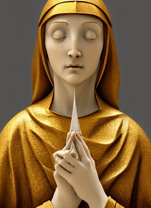 Prompt: a medieval female nun, elegant, filigree renaissance sculpture from gold and marble, brilliant symmetry, created by verrocchio andrea, leonardo da vinci, sandro botticelli, raffaelle monti, epic 7 0 mm lens shot, artstation trending, photorealism, sharp focus, smooth, establishing shot, sense of awe