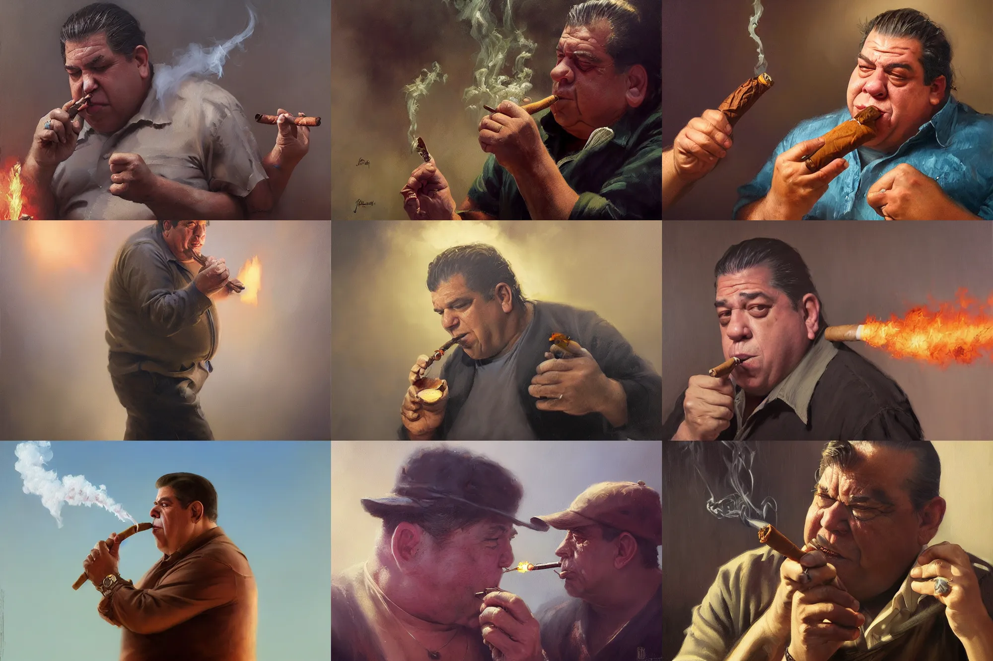 Prompt: an oil painting of uncle joey diaz smoking a cuban cigar, ultra realistic, highly detailed, masterpiece, cinematic by greg rutkowski, frank frazetta, beeple, christian macnevin, beeple, wlop, krenz cushart, epic fantasy character art, volumetric lighting, cgsociety