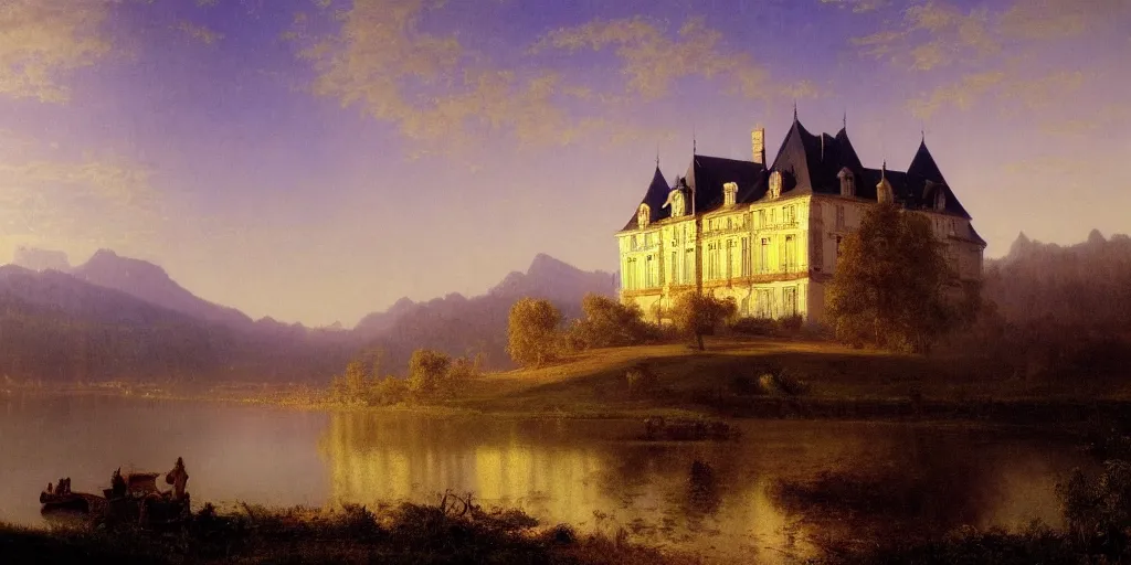 Prompt: beautiful illustration of chateau in a serene landscape, by albert bierstadt, magic realism, glowing clear castle lines, narrative realism, beautiful matte painting, heavenly lighting, retrowave, 4 k hd wallpaper, rim light