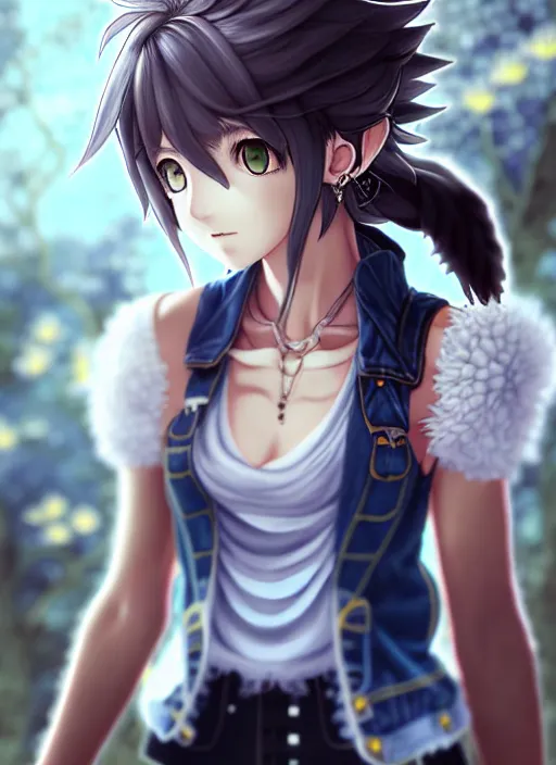 Prompt: a portrait of catgirl wearing white vest, and denim shorts an anime digital art ultrafine detailed painting, detailed painting, detailed eyes!!, final fantasy octopath traveler overlord