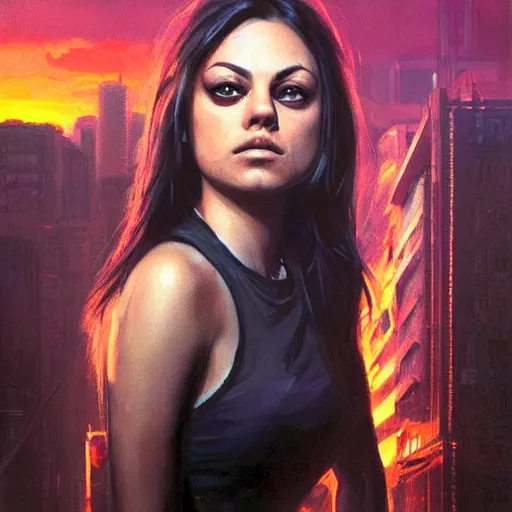 Image similar to portrait of a young mila kunis in front of a cyberpunk city, dramatic light, city background, sunset, high contrast, sharp, painted by stanley lau, painted by greg rutkowski, painted by stanley artgerm, digital art, trending on artstation