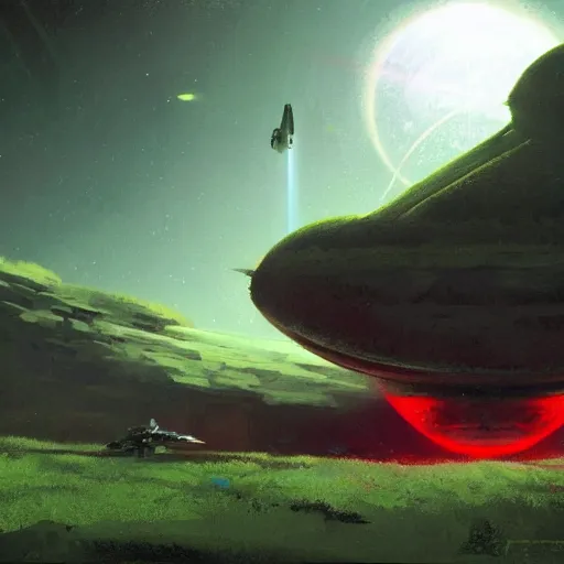 Prompt: an evil red alien space ship shooting a laser at a small lush green planet, craig mullins
