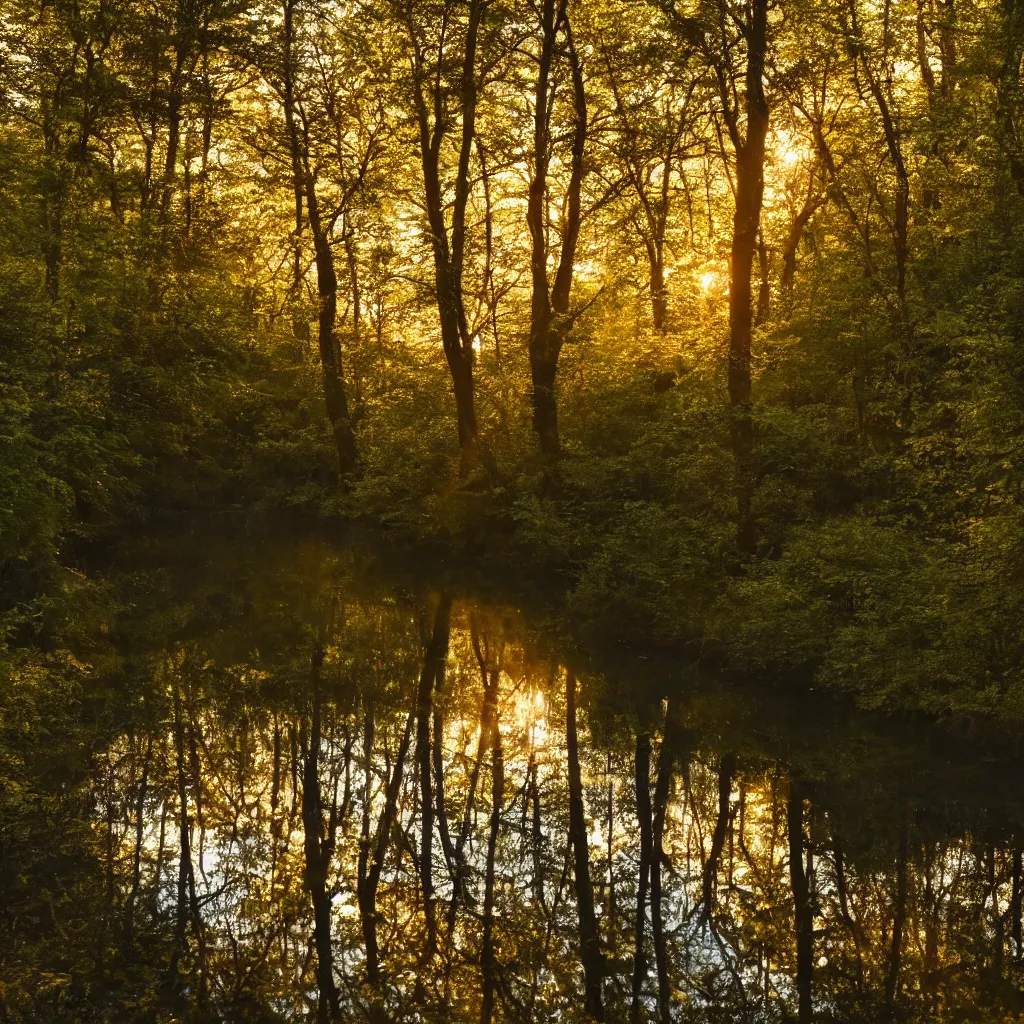 Image similar to river in a forest, golden hour, ray tracing reflection, 8 k, hyper realistic, insainly detailed, hdr, octan render