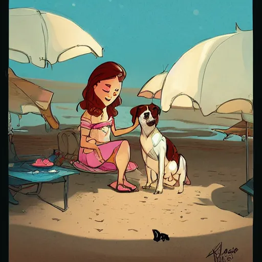 Image similar to girl with a dog sitting by the beach, by brian kesinger and james gurney, artstation