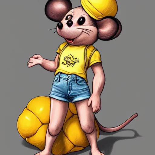 Image similar to anthropomorphic mouse wearing denim short shorts and yellow tank top, highly detailed, artgerm style, artstation, soft light, sharp focus, illustration, character design, concept art