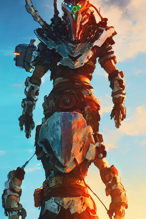 Image similar to combination suit armor aloy horizon forbidden west horizon zero dawn radiating a glowing aura global illumination ray tracing hdr fanart arstation by ian pesty and alena aenami artworks in 4 k tribal robot ninja mask helmet backpack