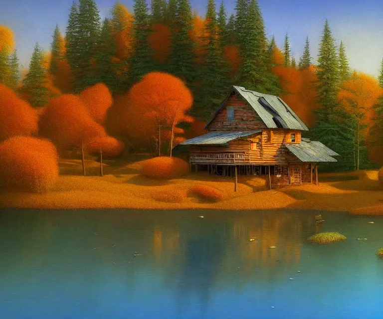 Prompt: hyper detailed 3d render like a Oil painting - a rustic cabin on the shore of a serene blue lake in autumn, by Jacek Yerka, Mariusz Lewandowski, Houdini algorithmic generative render, Abstract brush strokes, Masterpiece, Edward Hopper and James Gilleard, Zdzislaw Beksinski, Mark Ryden, Wolfgang Lettl, hints of Yayoi Kasuma, octane render, 8k