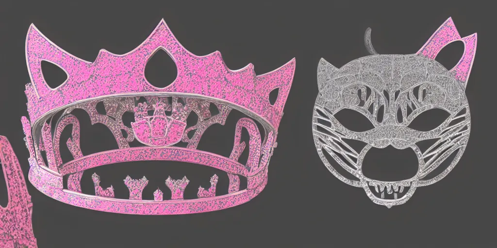 Image similar to made from steel crown is engraved with a single cat face, thin crown, pink color, luxury style, 4 k, realistic render, ultra - detailed, ultra detail