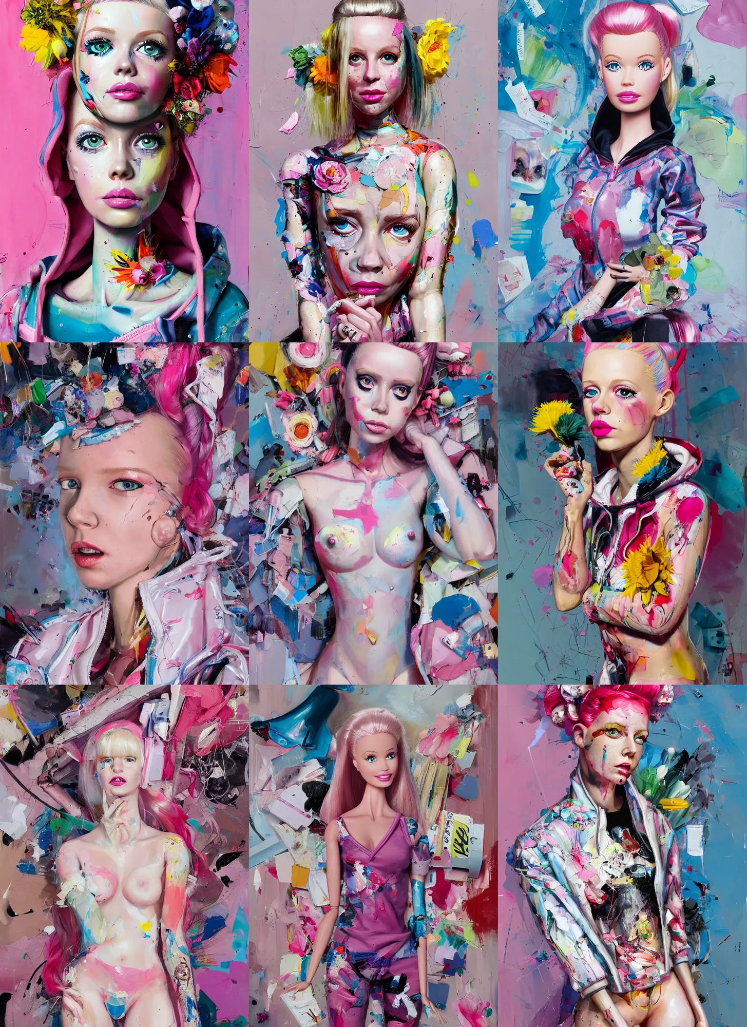 Prompt: barbie in the style of martine johanna and! jenny saville!, wearing a hoodie, standing in a township street, street fashion outfit, haute couture fashion shoot, full figure painting by john berkey, david choe, ismail inceoglu, decorative flowers, 2 4 mm, die antwoord ( yolandi visser )