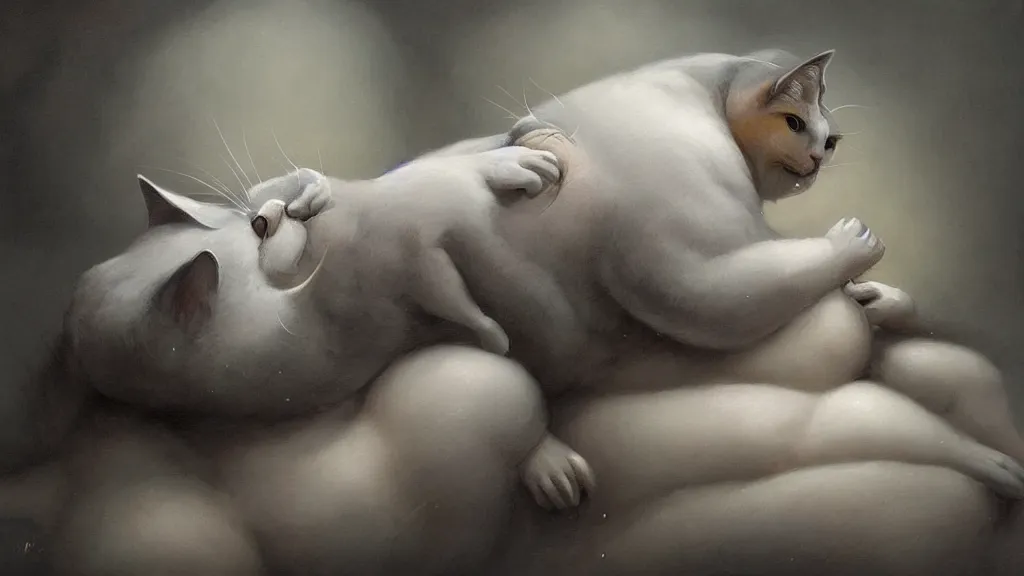 Image similar to a fat grey cat hitting a person in bed in the face with their paw, in the style of peter mohrbacher by weta digital and beth cavener, masterpiece, award winning, high face symmetry, intricatein the style of peter mohrbacher by weta digital and beth cavener, masterpiece, award winning, high face symmetry, intricate