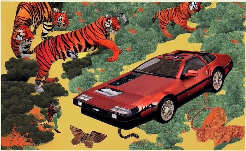 Prompt: a red delorean and a yellow tiger in ajegunle, painting by hsiao - ron cheng, utagawa kunisada & salvador dali, magazine collage style,