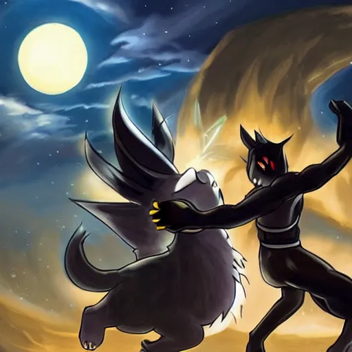 Prompt: umbreon fighting a 6'5 greek god, realistic, high detail,