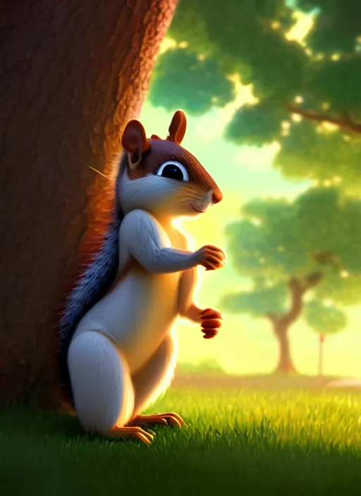 Image similar to a wholesome animation key shot of a cute squirrel, close - up, tree in the background, leaves in the foreground, studio ghibli, pixar and disney animation, sharp, rendered in unreal engine 5, anime key art by greg rutkowski, bloom, dramatic lighting