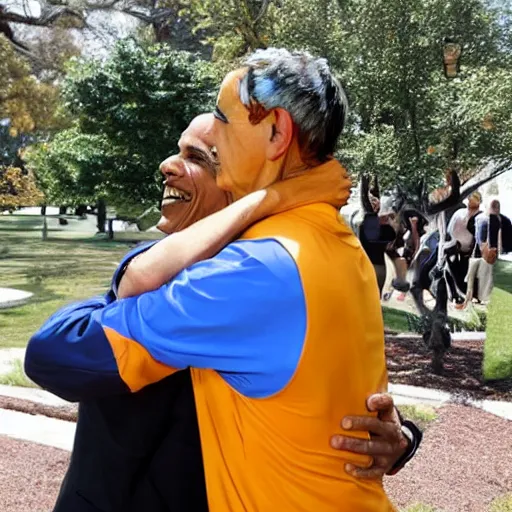 Image similar to president obama solemnly hugging a man dressed in a scooby doo costume