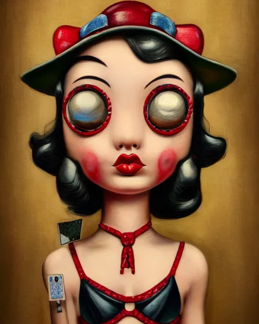 Image similar to closeup profile portrait of a tin toy as a 1 9 3 0 s gangster's moll in a gambling den, bikini, hyper realistic, artstation, illustration, nicoletta ceccoli, mark ryden, lostfish, max fleischer, digital paint, matte paint, vivid colors, bright, cheerful, detailed and intricate environment