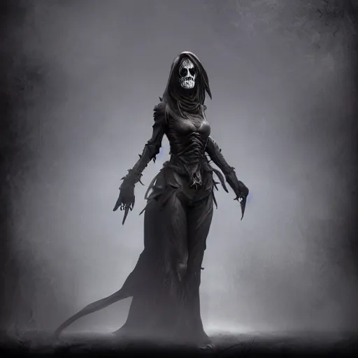 Image similar to female wraith, undead, dynamic pose, skull, terrifying, dark, fog, artstation