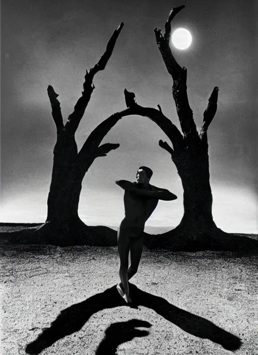 Image similar to helmut newton photograph of a man with the moon for a face, swan wings, a tree body, 3 5 mm, studio lighting