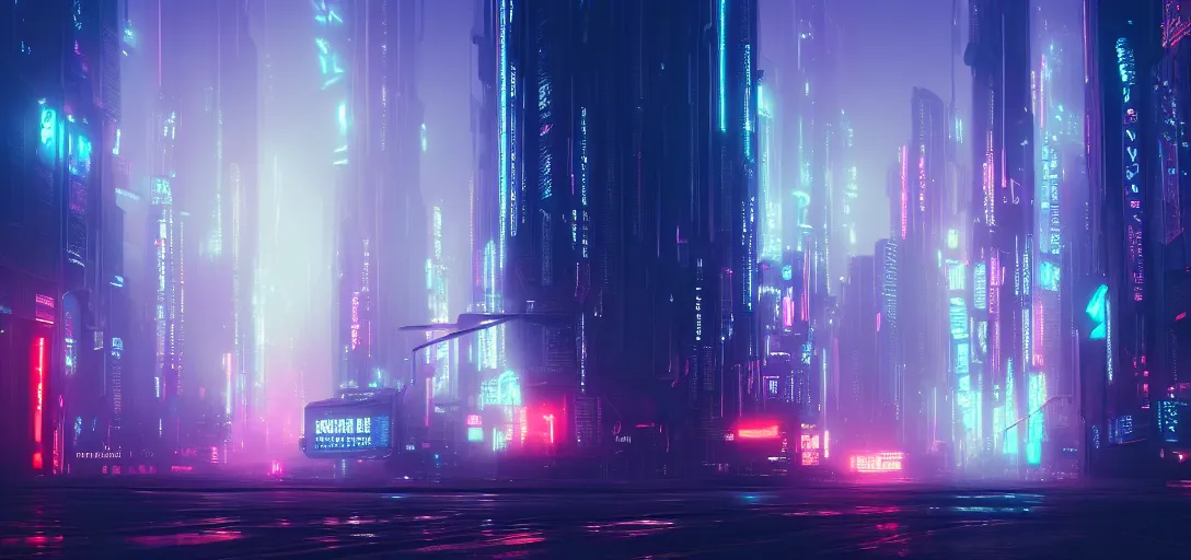 Image similar to view from the ground of a futuristic blade runner cyberpunk city, neon, horizon, fog, light rays, symmetry, cinematic lighting, ultra detailed, sharp, ambient occlusion, bloom, raytracing, by greg rutowski, paul chadeisson and jessica rossier