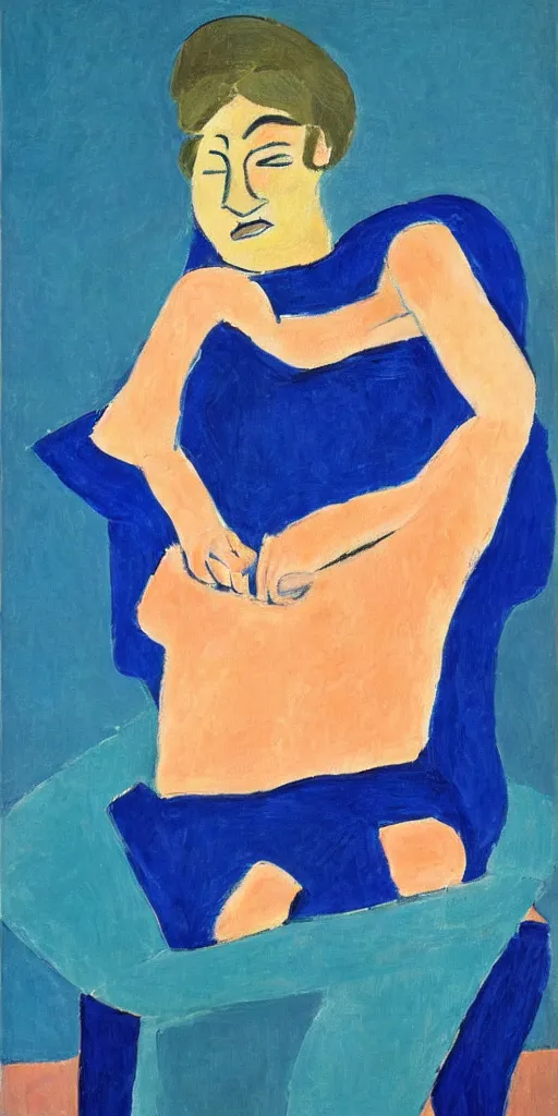 Image similar to portrait of someone who has chest pains, coughing, clogged, fear, pain, burning, in the style of Matisse, cerulean blue theme
