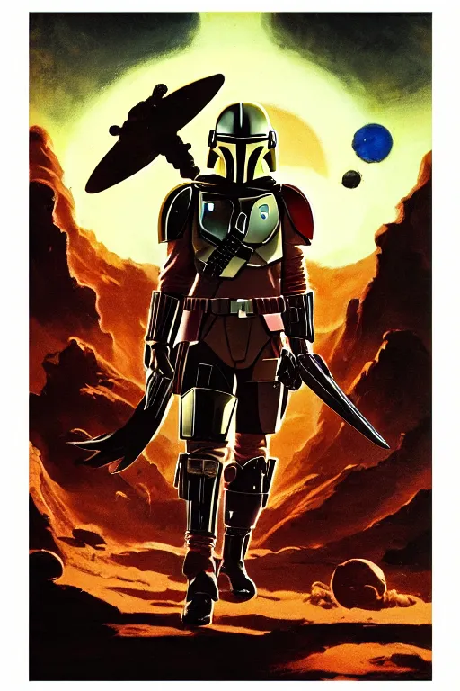 Image similar to cinematic mandalorian by frazetta on a background with destroyed planets , fire and atomic bomb explosion, backlight