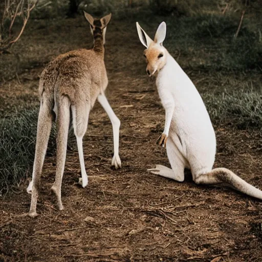 Image similar to a kangaroo and a very cute white rural dog photograph, high quality, award winning