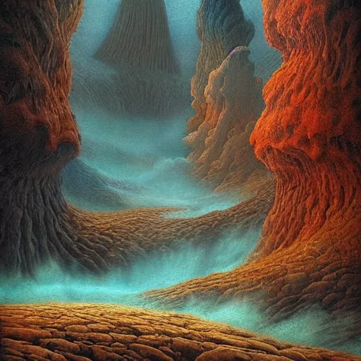 Image similar to artistic digital artwork of an epic natural scene on an alien planet. beautiful landscape by vincent bons, michael whelan, remedios varo and gerardo dottori. grainy and rough. interesting pastel colour palette. beautiful light. oil and water colour based on high quality render.