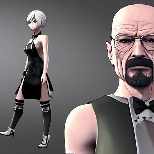 Prompt: Walter White cosplaying as 2B, Nier Automata, 2B's black dress, screenshot