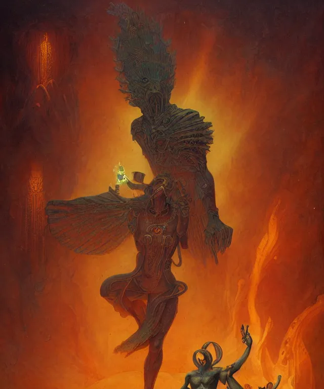 Image similar to horus with man ’ s body, glowing fiery background, in the style of peter mohrbacher, wayne barlowe, gustav moreau, bussiere, roberto ferri, santiago caruso, luis ricardo falero, austin osman spare, colorful