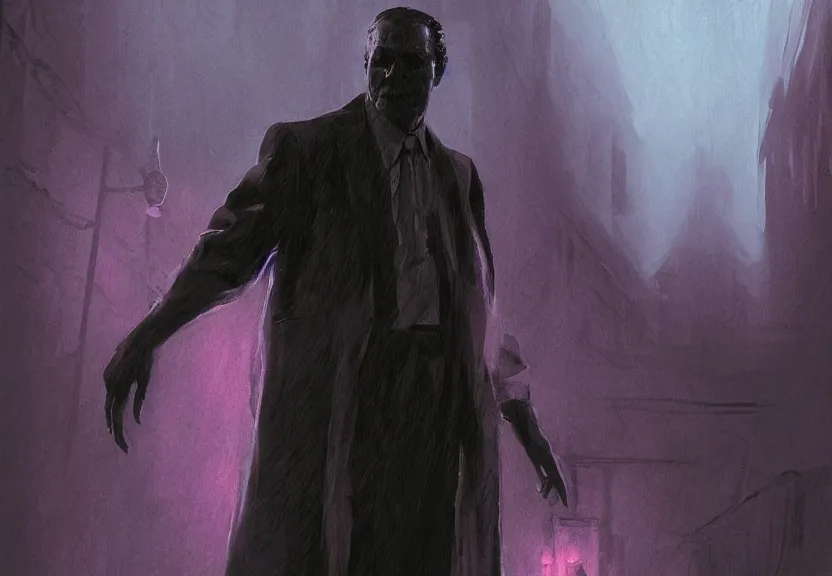 Image similar to painting of the figure of a man in a haunting scenery, 8 0's, stephen king, high contrast, concept art, fully colored, purple filter, neon, dramatic lighting, digital art, 8 k, arkham city, call of cthulhu, extremely detailed, drawn by ruan jia