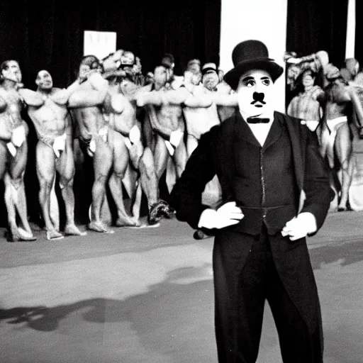 Prompt: A photo of a Charlie Chaplin posing at a bodybuilding contest