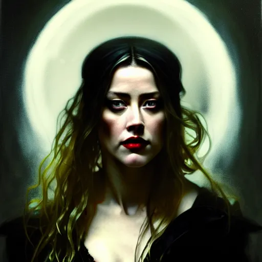 Prompt: hyperrealistic portrait of amber heard as a vampire witch in a black coat holding a human skull as a crystal ball. by jeremy mann and alphonse mucha, fantasy art, photo realistic, dynamic lighting, artstation, poster, volumetric lighting, very detailed faces, 4 k, award winning