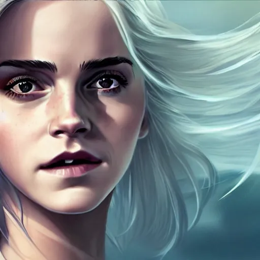 Image similar to a detailed matte portrait of emma watson dressed at ciri from the witcher, scar over green eye, long white hair, art by dan mumford and yusuke murata and makoto shinkai and ross tran, cosmic, heavenly, god rays, intricate detail, cinematic, 8 k, cel shaded, unreal engine, featured on artstation, pixiv