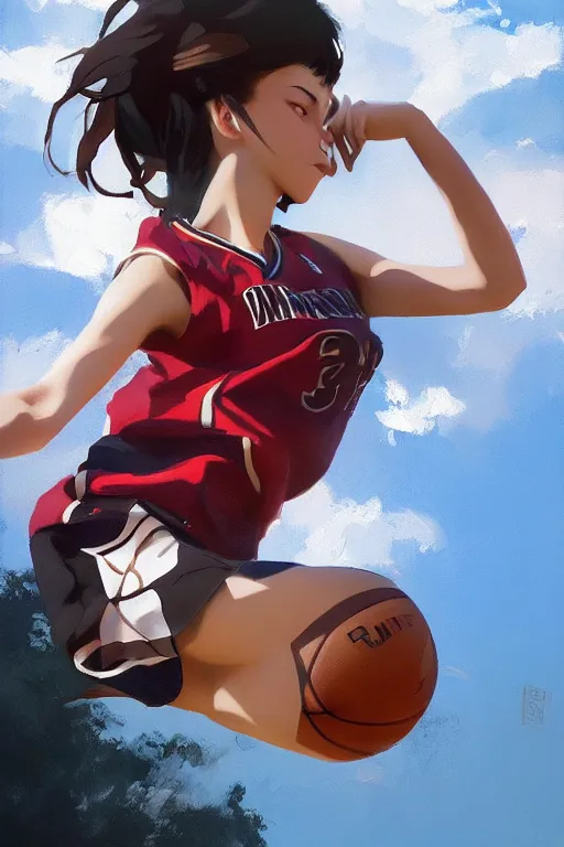 Image similar to A ultradetailed beautiful panting of a stylish girl dunking a basketball, Oil painting, by Ilya Kuvshinov, Greg Rutkowski and Makoto Shinkai